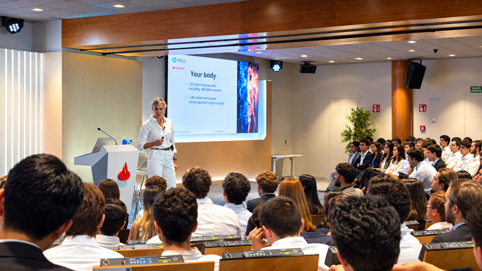 A SALUZ faculty member presenting to a full cohort at the Santander CIB Graduate Programme