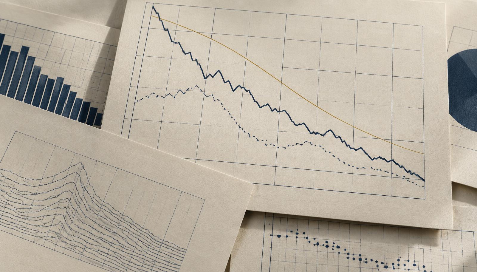 Layered printed line graphs on cream paper, one navy line falling across a grid.