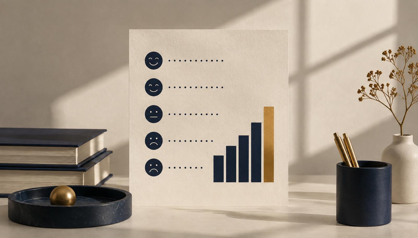 A printed weekly mood survey beside a rising navy bar sequence on cream paper in window light.