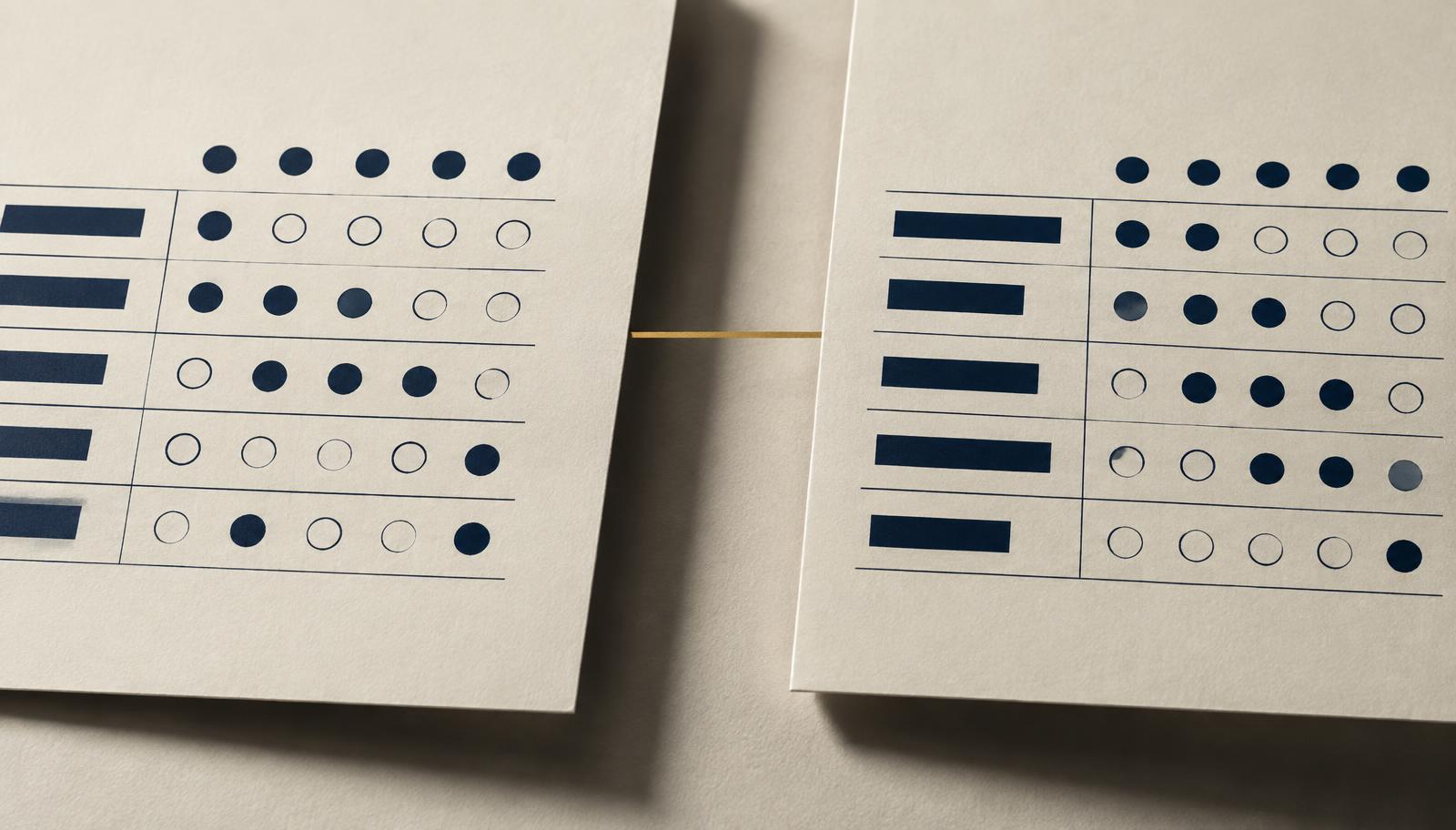 Two offset printed survey tables on cream paper separated by a visible gap and a thin gold line.